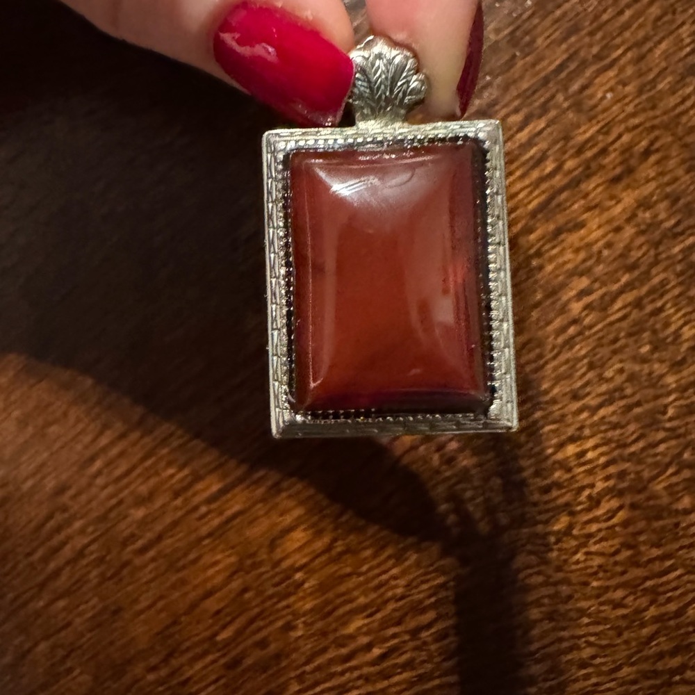 Vintage Rectangle Carnelian look Pendant in Brown with Silver tone Frame